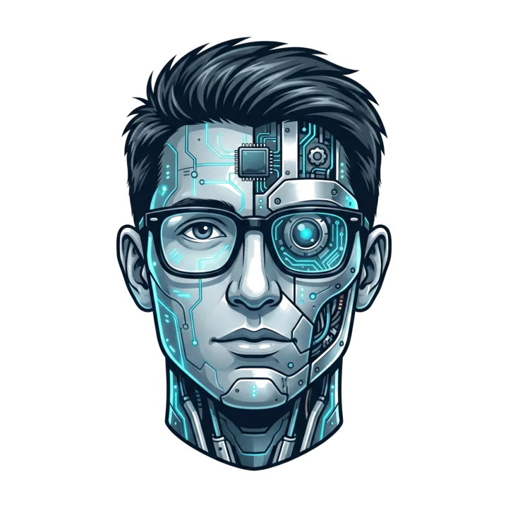Stylised portrait of a half-human, half-machine face with circuit tracing and one glowing lens.